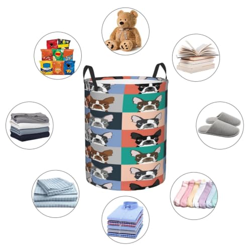 Boston Terrier Dog Round Waterproof Oxford Cloth Laundry Basket Multi-Purpose Storage Basket Toys Books Clothes Storage Basket - color: Black 9