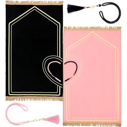 Drydiet 2 Pcs Muslim Couple Prayer Rug Set Heart Design with 2 Pcs Prayer Beads Islamic Muslim Gift Black and Pink Travel Mat Soft Velvet Mat for Couple Women Men Ramadan Eid Wedding Birthday - color: Black and Pink