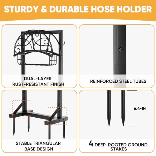 Heavy-Duty Garden Hose Holder with Storage Basket and Tool Hooks, Stable Freestanding Hose Stand Holds 160Ft, Metal Hose Hanger, Rustproof Water Hose Holder Storage for Outside,Yard,Lawn,Farm - color: Matte Black