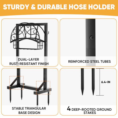 Heavy-Duty Garden Hose Holder with Storage Basket and Tool Hooks, Stable Freestanding Hose Stand Holds 160Ft, Metal Hose Hanger, Rustproof Water Hose Holder Storage for Outside,Yard,Lawn,Farm - color: Matte Black