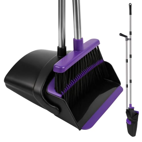 Broom and Dustpan Set, 51" Long Handle Broom with Built-in Comb - Purple | Hands-Free Pet Hair Cleaning, Rubber Lip Dustpan Edge, Standing Space-Saving Storage, Ideal for Home, Kitchen & Office - color: Purple, size: Standard