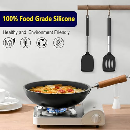 HOTEC Silicone Spatula Set of 2, High Heat-Resistant & BPA-Free Kitchen SaptulaTurner with Stainless Steel Handles, Slotted & Solid Spatulas for Nonstick Cookware, 13.7 Inch, Black - color: Black