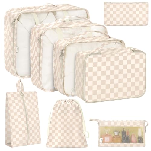 KPX 8 Set Packing Cubes for Travel, Luggage Packing Organizers Accessories Large Toiletries Bag for Clothes Shoes Cosmetics (Two-tone Khaki) - color: Two-tone Khaki