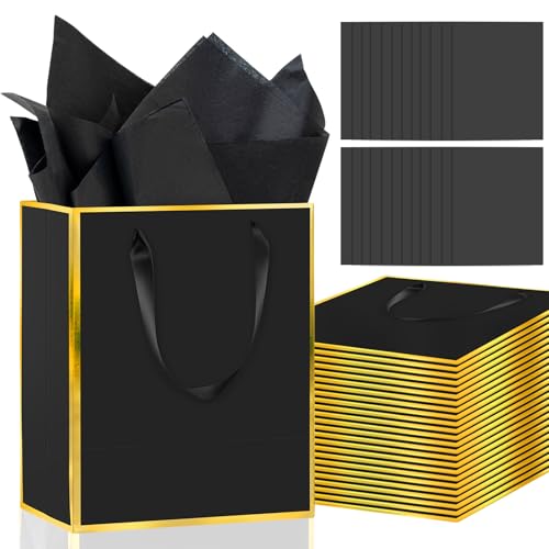 Epoesch 24 Pack Gift Bags with Handles & 24 Tissue Papers – 8x5x10 Inches - color: Black Gold, size: 1 Count (Pack of 24)