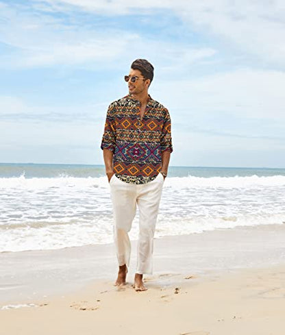 COOFANDY Men's Cotton Linen Henley T-Shirt Long Sleeve Hippie Casual Beach T-Shirts - color: Geometric, size: Small