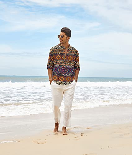 COOFANDY Men's Cotton Linen Henley T-Shirt Long Sleeve Hippie Casual Beach T-Shirts - color: Geometric, size: Large