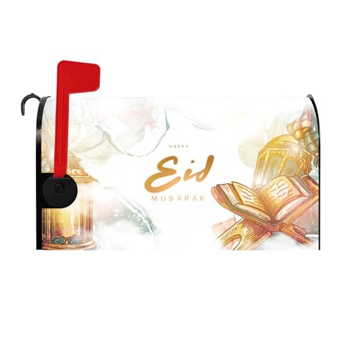 Happy Eid Mubarak Magnetic Mailbox Cover Gold Lantern Books Arabian Muslim Ramadan Islamic Festival Eid Al-Adha Post Letter Box Wrap Decor Standard Size for 21x18 Inch Home Garden Decorations - color: White and Gold