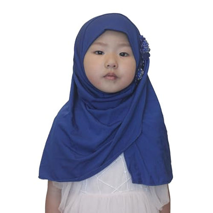 Soft Instant Hijab for Kids Girls Muslim Headscarf Islamic Scarf Shawl Wrap with Flowers - color: Blue-2 Flowers