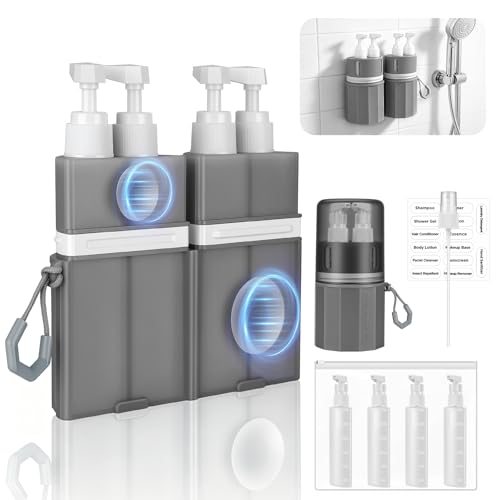 4 in 1 Travel Dispenser Bottles, TSA Approved Leak Proof Refillable Toiletry Containers with Vacuum Suction Cup for Wall Hanging Portable Container Set for Shampoo Conditioner Body Wash - color: Grey
