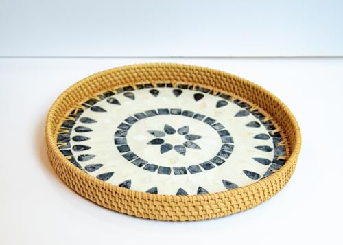 Magenta & Teal Round Rattan Serving Tray with Mother of Pearl Inlay, Wicker Coffee Table Decor, Farmhouse Style (Blue Tan Star) - color: Blue Tan Star
