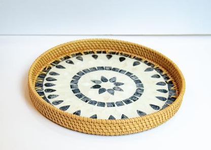 Magenta & Teal Round Rattan Serving Tray with Mother of Pearl Inlay, Wicker Coffee Table Decor, Farmhouse Style (Blue Tan Star) - color: Blue Tan Star