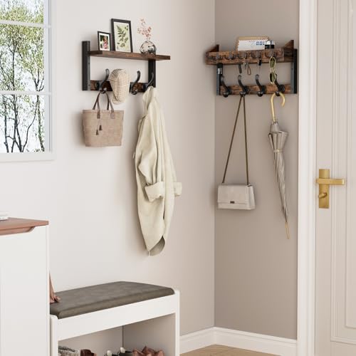 Evermagin 35" Coat Rack Wall Mount with Shelf, 4 in 1 Coat and Key Hanger with 13 Metal Hooks, Entryway Wall Mounted Shelf with Mail Holder for Living Room, Bedroom, Rustic Brown - color: Rustic Brown, size: 35 inch