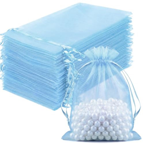 FUNFERY 100PCS Baby Blue Organza Gift Bags 4x6in,Drawstring Jewelry Pouch - color: Baby Blue-4"x6"