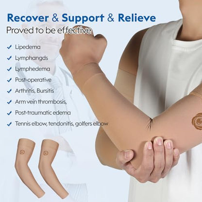 NURCOM Compression Arm Sleeve, 20-30 mmHg, With Silicone, Beige M - color: Beige(with Silicone Top Band), size: Medium(2 Pack)