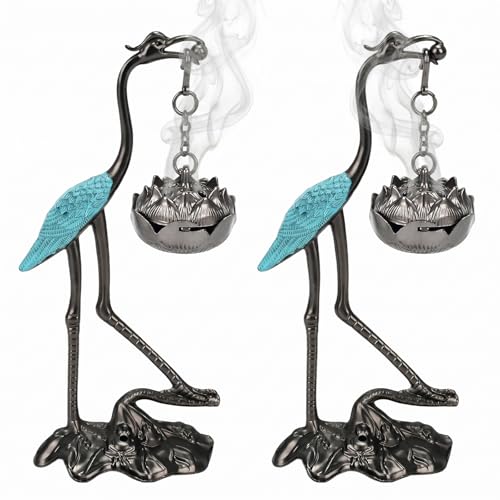2pcs Crane Incense Holder, Vintage Hanging Incense Burner with Lid Ash Catcher for Cone & Coil Incense – Aromatherapy Ornament for Home Office Decor (Copper+Blue)
