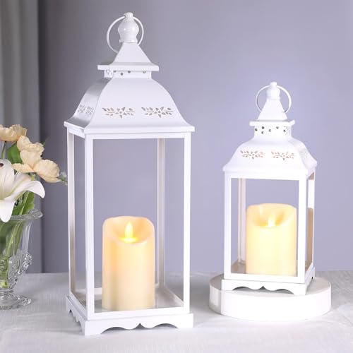 Decorative Candle Lanterns Set of 2, White Metal for Indoor & Outdoor - color: White, size: 17"&12"