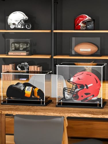 Football Helmet Display Case Full Size, Clear Acrylic Case with Black Base | Full size helmet display case for football, baseball or motorcycle helmets, clear acrylic, black base, self-assembly design. - size: Football Helmet Display Case