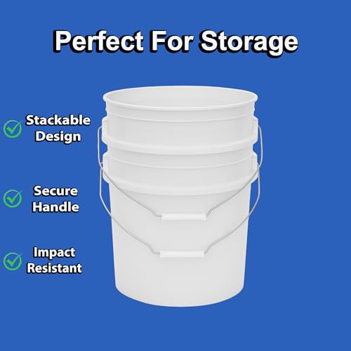 5-Gallon Bucket Only – Heavy-Duty Extra Durable Pail – Made in USA – Premium Quality HDPE – Food Grade – BPA Free – Metal Handle with Plastic Grip – Stackable – Multi-Use (White, 5) - color: White, size: 5