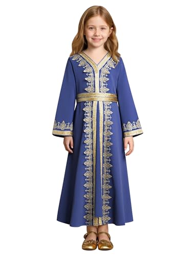 Muslim Dress for Kids Girls Abaya Middle East Ramadan Long Sleeve Lace Prayer Dress Arabic Kaftan with Belt - color: Royal Blue, size: 9-10 Years