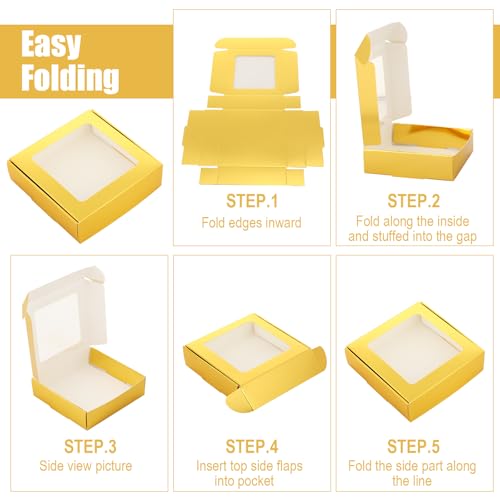 Zonon 30 Pcs Kraft Paper Boxes with Window 4.13 x 4.13 x 1.18 Inch Candy Packaging, Small Gift Boxes, Soap holder, Mini Treat Packaging for Bakery Chocolate Jewelry Display (Gold) - color: Gold