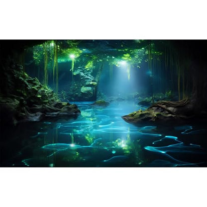 Fantasy Underwater Cave Aquarium Background Light Beam Crystal Clear Water Fish Tank Background Tropical Green Plants Undersea Cave Terrarium Backgrounds Misty Jungle Reptile Tank Backgrounds 24x16in - color: Black_Green, size: 24(W)x16(H)in