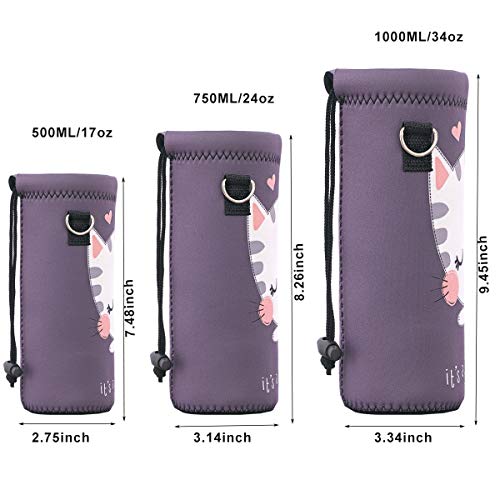 Neoprene Water Bottle Carrier Bag with Adjustable Shoulder Strap,Insulated Water Bottle Cover for Stainless Steel/Glass/Plastic Bottles - color: Cute Cat, size: 500ml