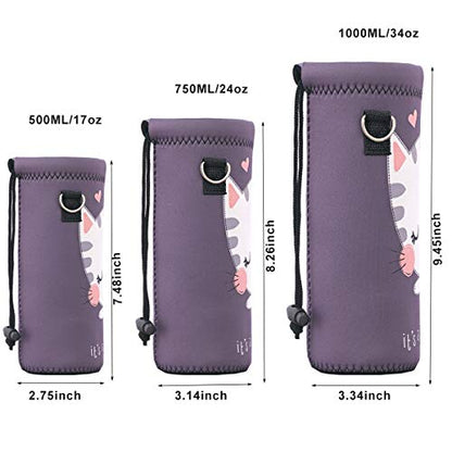 Neoprene Water Bottle Carrier Bag with Adjustable Shoulder Strap,Insulated Water Bottle Cover for Stainless Steel/Glass/Plastic Bottles - color: Cute Cat, size: 500ml