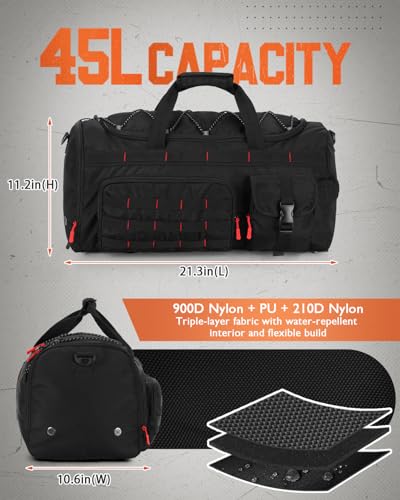 Gonex 45L Tactical Duffel Bag, 3-in-1 Convertible Carry-On Gym Bag for Men with Red Zipper Pull, Shoe Compartment, Gear Loops, Water-Repellent Travel Bag (Black with Red Accents) - color: Black with Red Accents, size: 45L