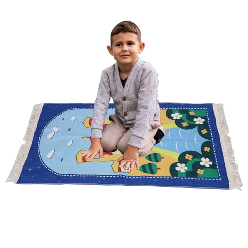 Pssopp Pray Rug for Kids, Thick and Soft Convenient to Carry Not Easy Fade Children Meditation Mat with Tassel Pray Beads Pendant Cylinder for Worship (Blue) - color: Blue