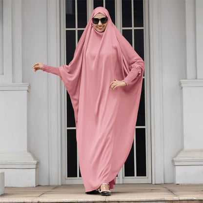 IDOPIP Muslim Abaya for Women One Piece Long Sleeve Islamic Prayer Dress with Hooded Hijab Maxi Kaftan Robe Modest Clothes - color: Pink