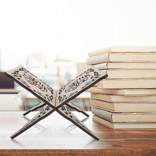 1Pcs Wooden Folding Book Stand with Carved Design | 13.8in/35cm Wide, Collapsible Holder for Quran & Bible, Hands-Free Reading, Home Decor, Portable Bookshelf