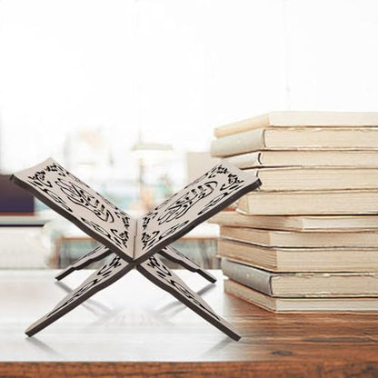 1Pcs Wooden Folding Book Stand with Carved Design | 13.8in/35cm Wide, Collapsible Holder for Quran & Bible, Hands-Free Reading, Home Decor, Portable Bookshelf