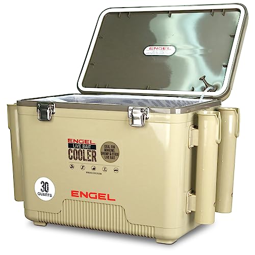 ENGEL Live Bait Cooler PRO for Fishing - Portable Minnow and Bait Bucket with Lithium-Ion Rechargeable Aerator - color: Tan, size: 30 Quarts