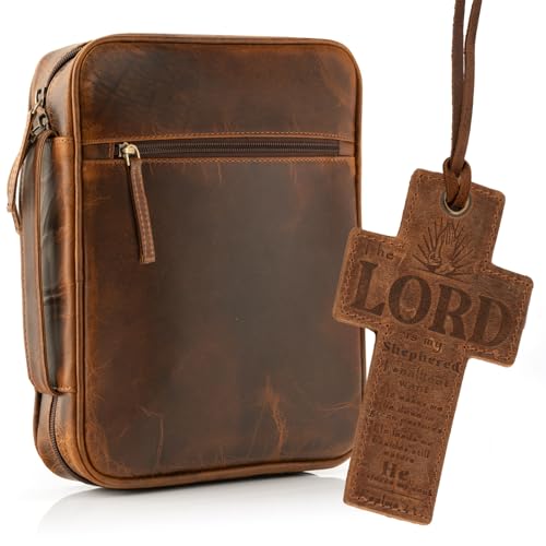 ELIZO Leather Bible Cover for Men Bible Case Women Holder Carrying Organizer Wrap Sleeve Protector Christian Religious Gift Cross Bookmark – Large Antique Brown - color: Antique, size: Large