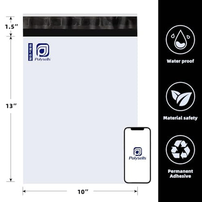 POLYSELLS 10x13 White Poly Mailers 100 Pack Self Seal Shipping Bags | Waterproof tear resistant opaque mailing envelopes for clothing apparel accessories ecommerce sellers for small business - size: 10" X 13"