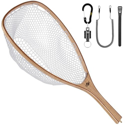 SF Fly Fishing Landing Net Soft Rubber Mesh Trout Net Catch and Release Net - style: Square Head Combo-elm Wood a