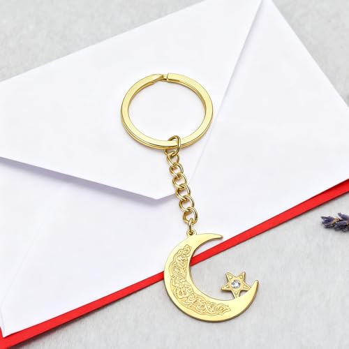 Islamic Ayatul Kursi Keychain Muslim Crescent Moon and Star Keyring Arabic Calligraphy Keyring Allah Amulet Jewelry - color: Gold
