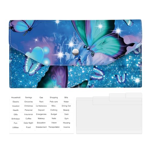 Cash Wallet & Money Envelopes for Cash, Reusable Leather Money Saving Envelop with Snap Closure and 4 Dividers & 1 Category Stickers, Cute Envelop Wallet for Women and Men Blue Butterfly - color: Blue Butterfly