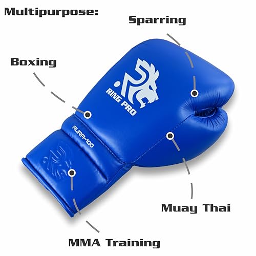Aura 100 Full Grain Leather Lace Up Boxing Gloves for Men & Women – Professional Training, Sparring, Competition, Muay Thai, Kickboxing & Heavy Bag Gloves - color: Blue, size: 16 OZ