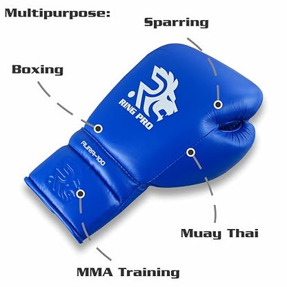 Aura 100 Full Grain Leather Lace Up Boxing Gloves for Men & Women – Professional Training, Sparring, Competition, Muay Thai, Kickboxing & Heavy Bag Gloves - color: Blue, size: 14 OZ