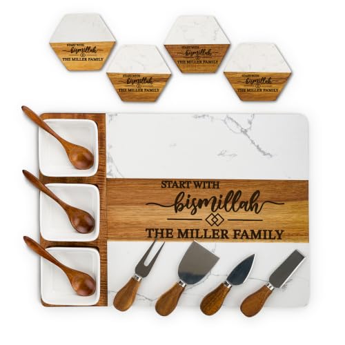 AWESOMETIK Start with Bismillah Personalized Acacia Wood & Marble Charcuterie Board – Custom Engraved Cheese Board Set – Ramadan Table Decor, Eid Mubarak, Islamic Housewarming Gift, Muslim Eid Gifts