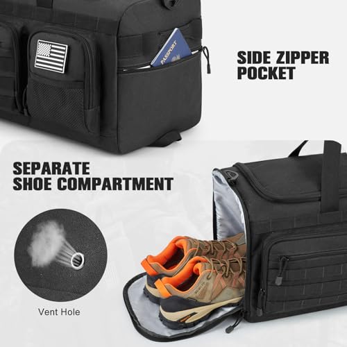 G4Free 3-in-1 Duffle Bag Travel Gym Sports, Large Tactical Duffel Backpack | 50L/65L with Shoes Compartment and Wet Pocket, Military Workout Bag for Men and Women, Black - color: Black