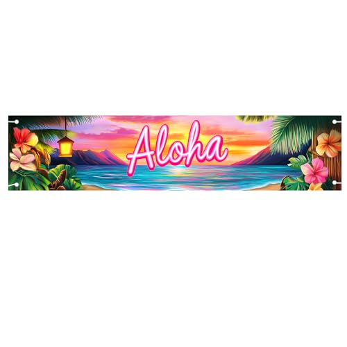 Aloha Banner 78 x 17 Inch Tropical Beach Party Decoration Sunset Ocean Island Sign Hawaiian Luau Wall Decor for Outdoor Yard Porch Summer Party Backdrop - color: ColorfulB1234