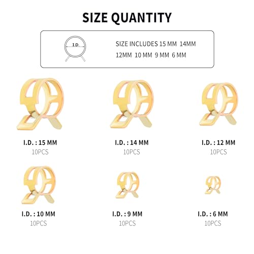 Spring Hose Clamp Assortment Kit,6 Size Fuel Line Clamp for Fastening Vacuum Line,Silicone Tubing,Hose Pipe & Spring Clamps,Universal Small Hoses Clamps Car Accessories (60PCS)