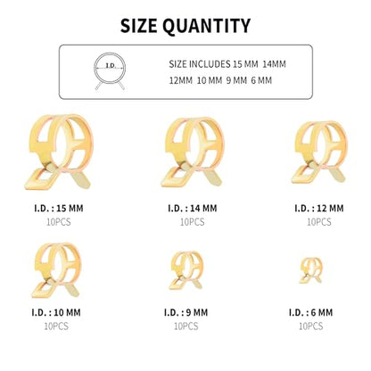 Spring Hose Clamp Assortment Kit,6 Size Fuel Line Clamp for Fastening Vacuum Line,Silicone Tubing,Hose Pipe & Spring Clamps,Universal Small Hoses Clamps Car Accessories (60PCS)