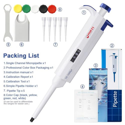 FOUR E'S SCIENTIFIC 10-100μL Pipette, Adjustable Volume Micropipette | Single-Channel Pipettor, Ergonomic Design, Precise Volume Dial - size: 05 (10-100uL)