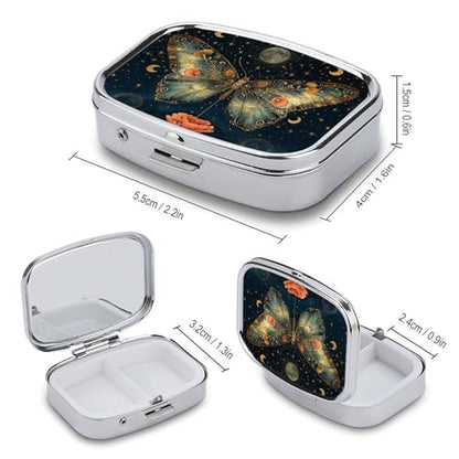 Metal 2 Compartment Pill Organizer Travel Friendly Portable Compact Pill Box Cute Pill Case to Hold Vitamins,Fish Oil,Supplements,Meds,Tablet for Purse,Pocket. (Butterflies in the Night) - color: Butterflies in the Night