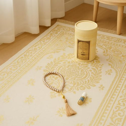 Islamic Prayer Rug 4 Pcs Gift Set with Kaaba Design Box | Sajadah, Tasbih, Perfume | Suitable for Ramadan, Eid, Travel, or Home (Gold, Standart) - color: Gold