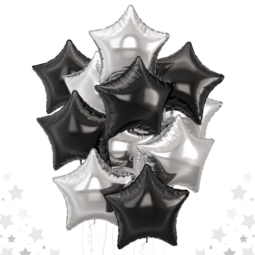 Black Silver Star Foil Balloons, 18 Inch Large Black and Metallic Silver Stars Shape Aluminum Foil Helium Balloon 10 Pcs Pentagram Balloons for Birthday Graduation Retirement New Year Father's Day - color: Black Silver