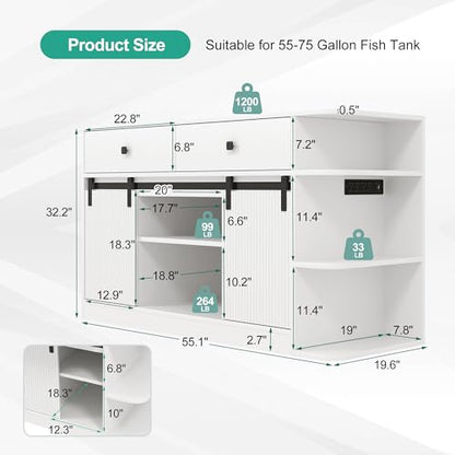 55-75 Gallon Aquarium Stand with Power Outlet & LED Light, Heavy Duty Fish Tank Stand with Sliding Barn Doors, Storage Cabinet for Turtle Tank & Reptile Terrarium, 1200LBS (White-2) - color: White-2